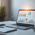 Mesa de trabalho moderna com laptop exibindo gráficos de marketing digital e vendas em crescimento para 2026