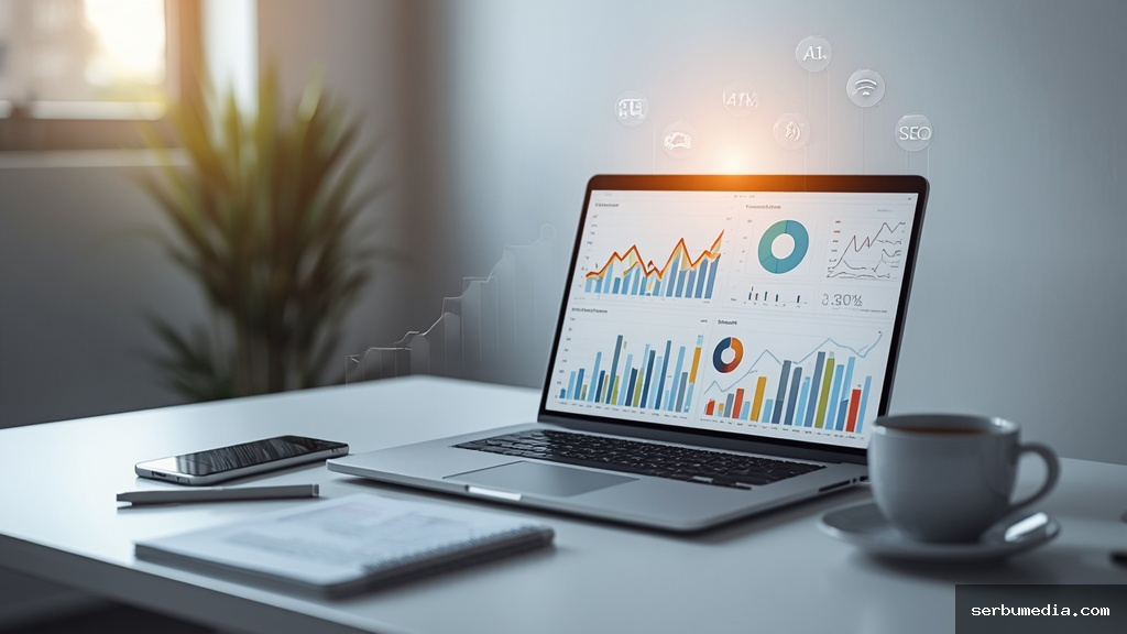 Mesa de trabalho moderna com laptop exibindo gráficos de marketing digital e vendas em crescimento para 2026
