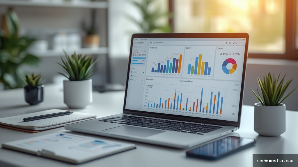 Mesa de trabalho moderna com laptop exibindo gráficos de análise SEO e estratégias de marketing digital para 2026