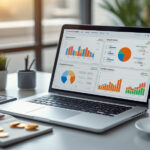 Mesa de escritório com laptop exibindo gráficos de análise de tráfego pago e retorno sobre investimento em campanhas digitais