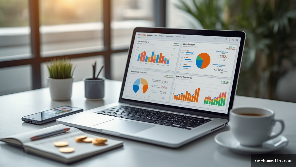 Mesa de escritório com laptop exibindo gráficos de análise de tráfego pago e retorno sobre investimento em campanhas digitais