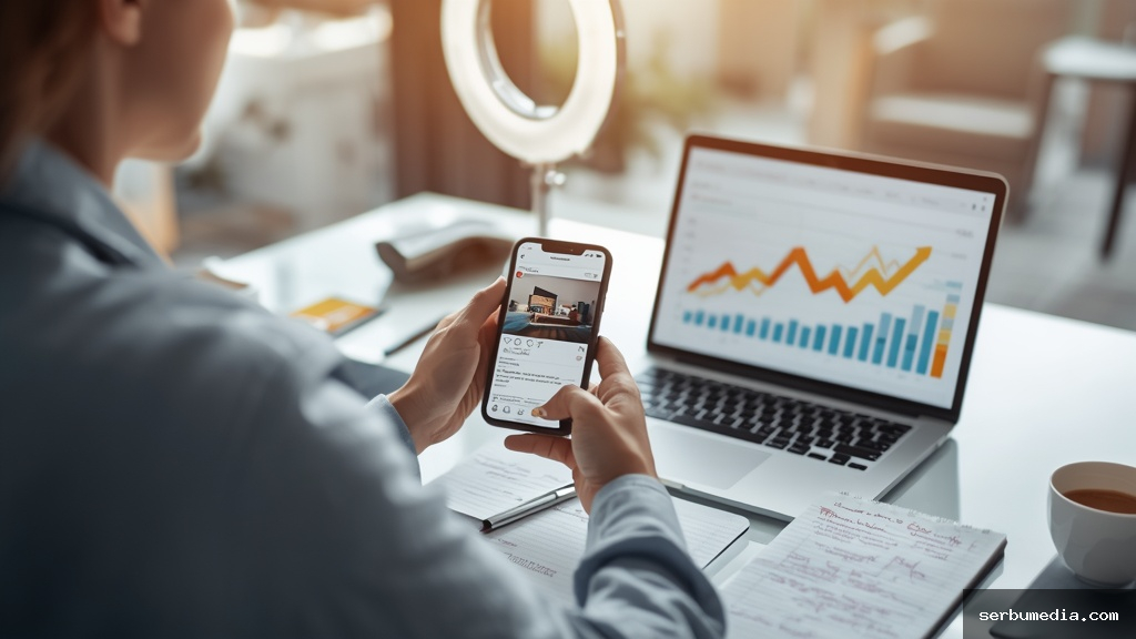 Empreendedora analisando métricas de vendas do Instagram no celular e laptop em escritório moderno