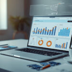 Mesa de escritório moderna com laptop exibindo dashboard de vendas online e gráficos de crescimento para 2026