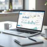 Mesa de trabalho moderna com laptop exibindo painel de vendas online com gráficos de crescimento e métricas de conversão