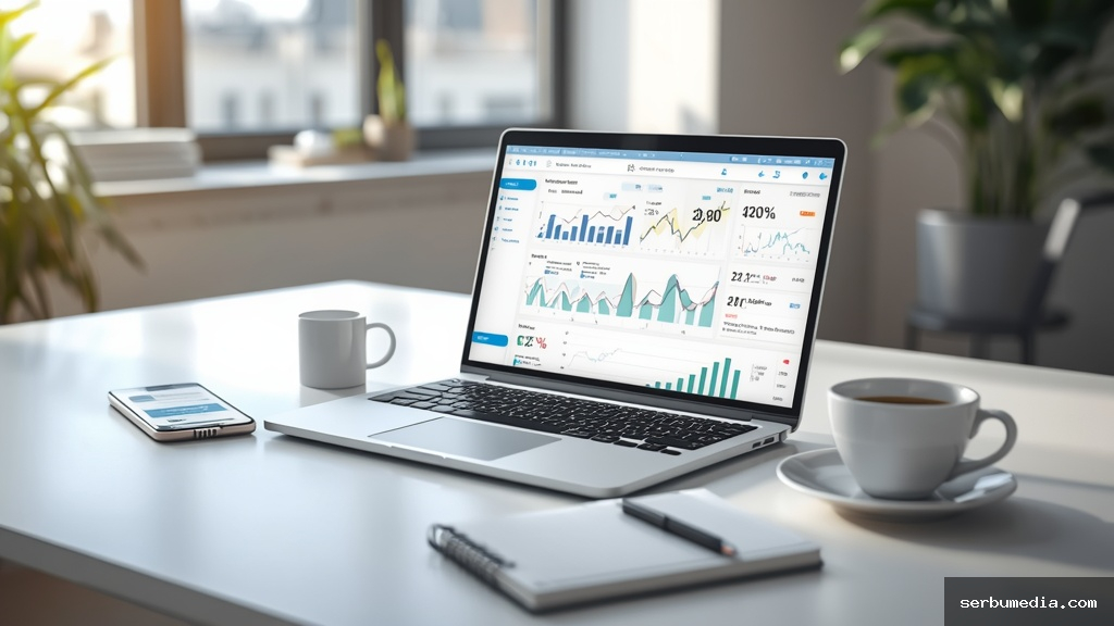 Mesa de trabalho moderna com laptop exibindo painel de vendas online com gráficos de crescimento e métricas de conversão