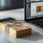 Notas de 200 reais empilhadas ao lado de um notebook aberto com loja virtual sobre mesa branca