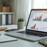 Mesa de escritório moderna com laptop exibindo gráficos de marketing digital, smartphone com vendas online e dinheiro representando ganhos na internet