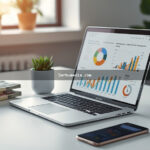 Notebook aberto mostrando gráficos de marketing digital ao lado de notas de dinheiro sobre mesa de home office iluminada