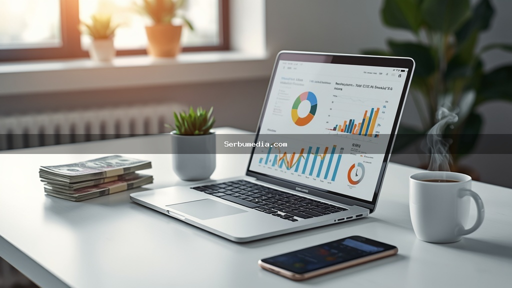 Notebook aberto mostrando gráficos de marketing digital ao lado de notas de dinheiro sobre mesa de home office iluminada