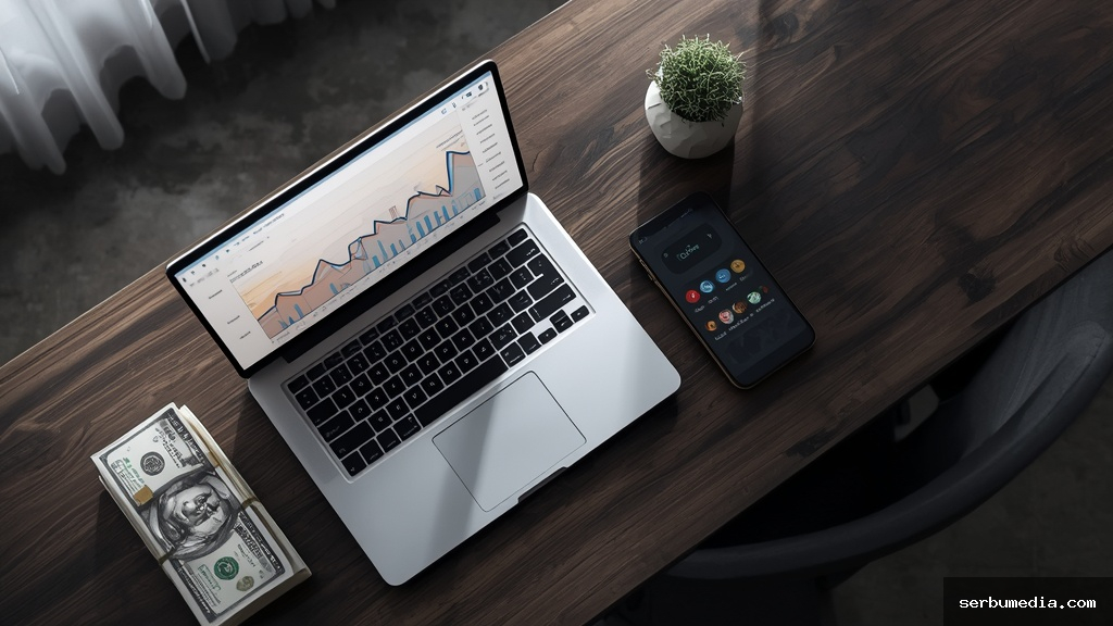 Mesa de trabalho com notebook prateado exibindo gráficos de analytics, notas de dólar empilhadas, smartphone e xícara de café dourada em ambiente de escritório minimalista