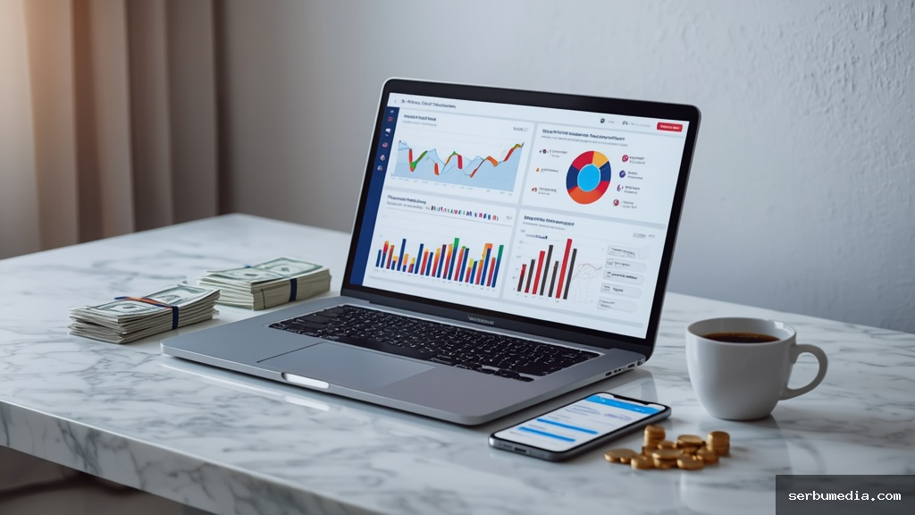 Notebook moderno exibindo gráficos de marketing digital ao lado de pilha de dólares e smartphone sobre mesa de mármore branca
