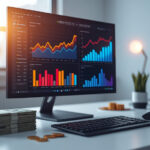 Computador de mesa moderno exibindo gráficos de marketing digital ao lado de notas de dinheiro sobre escrivaninha branca