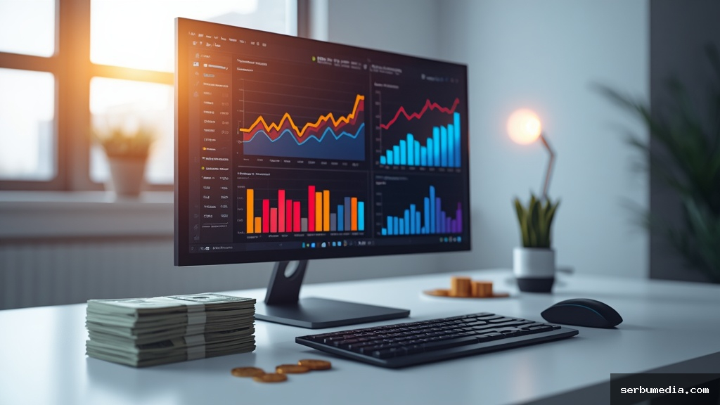 Computador de mesa moderno exibindo gráficos de marketing digital ao lado de notas de dinheiro sobre escrivaninha branca