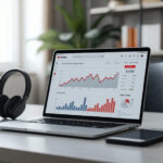 Mesa de trabalho moderna com laptop exibindo painel de análise do YouTube, microfone, fones de ouvido e dinheiro representando renda com YouTube Automation
