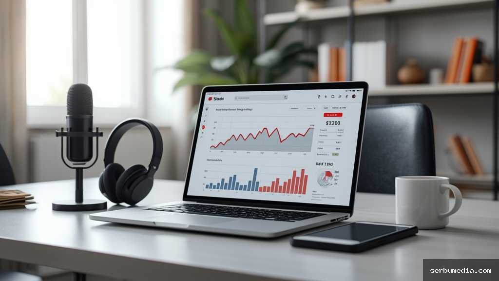 Mesa de trabalho moderna com laptop exibindo painel de análise do YouTube, microfone, fones de ouvido e dinheiro representando renda com YouTube Automation
