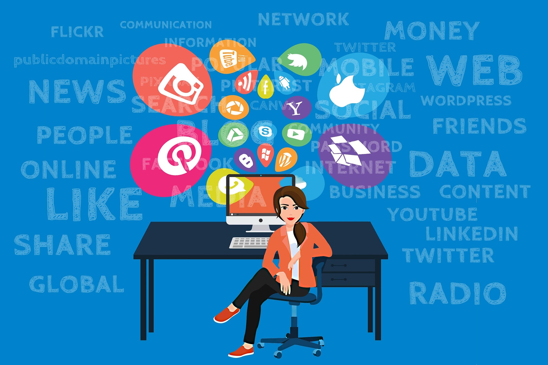 Ilustração de uma gestora de tráfego sentada em uma mesa com um computador, rodeada por ícones de redes sociais e palavras relacionadas a internet e comunicação.