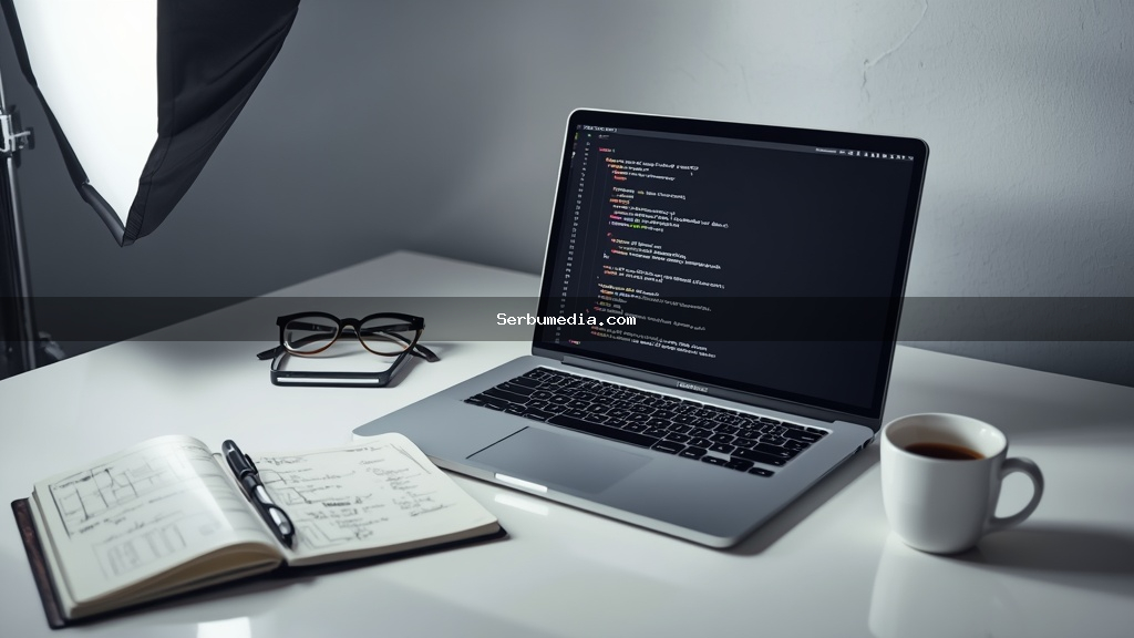 Notebook aberto sobre mesa branca exibindo código HTML e CSS na tela, ao lado de caderno com rascunhos de wireframe de site e xícara de café