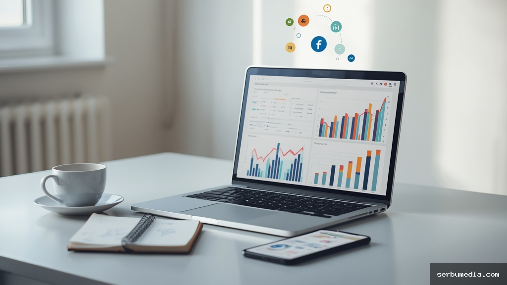 Mesa de trabalho moderna com laptop exibindo gráficos de marketing de afiliados e tendências para 2026
