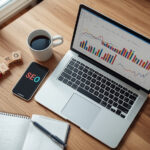 Mesa de trabalho com notebook exibindo gráficos de marketing digital, smartphone, caderno e blocos com a palavra SEO