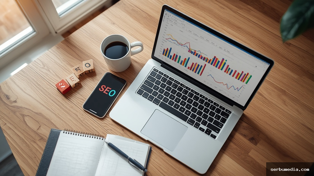 Mesa de trabalho com notebook exibindo gráficos de marketing digital, smartphone, caderno e blocos com a palavra SEO