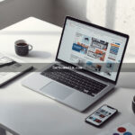 Estação de trabalho profissional de web designer com laptop exibindo wireframe de site, tablet gráfico, esboços e smartphone com layout responsivo
