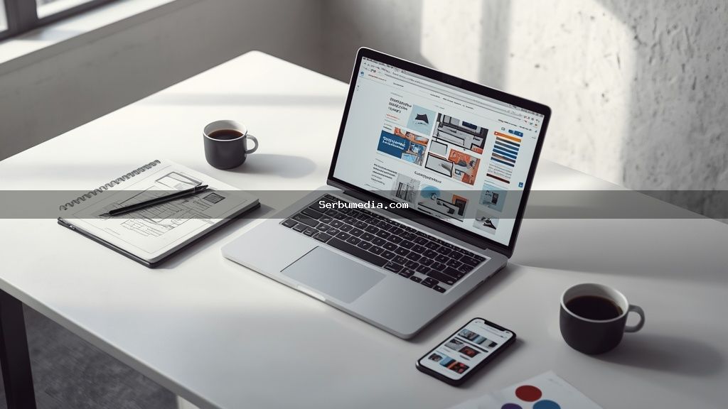 Estação de trabalho profissional de web designer com laptop exibindo wireframe de site, tablet gráfico, esboços e smartphone com layout responsivo