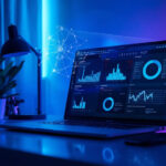 Estação de trabalho moderna com laptop exibindo dashboards de inteligência artificial para marketing digital e automação em 2026