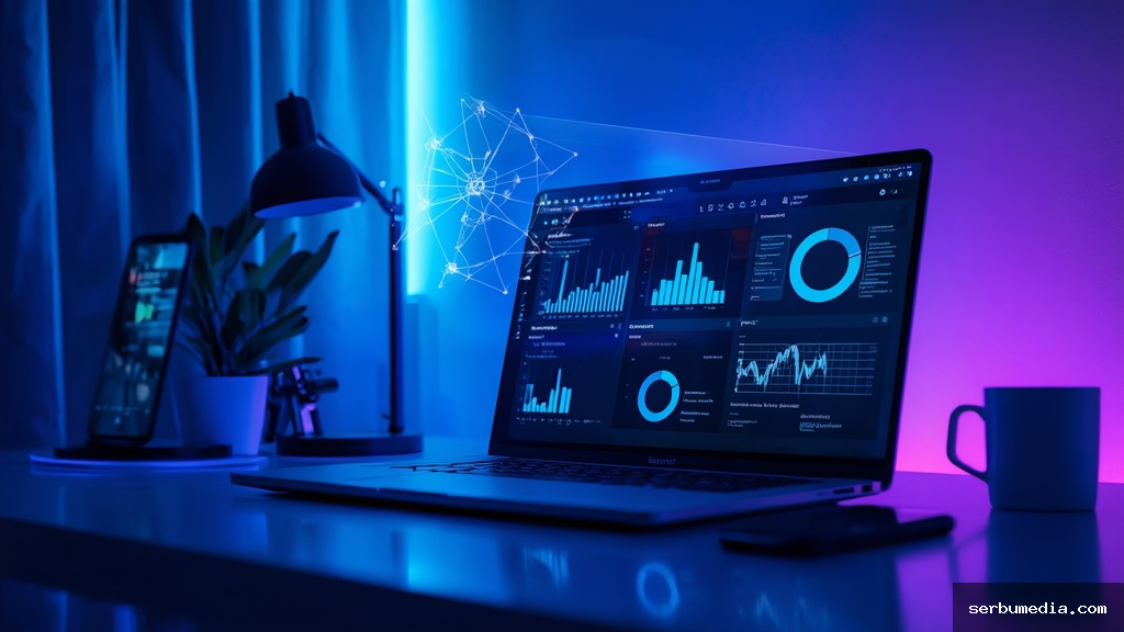 Estação de trabalho moderna com laptop exibindo dashboards de inteligência artificial para marketing digital e automação em 2026