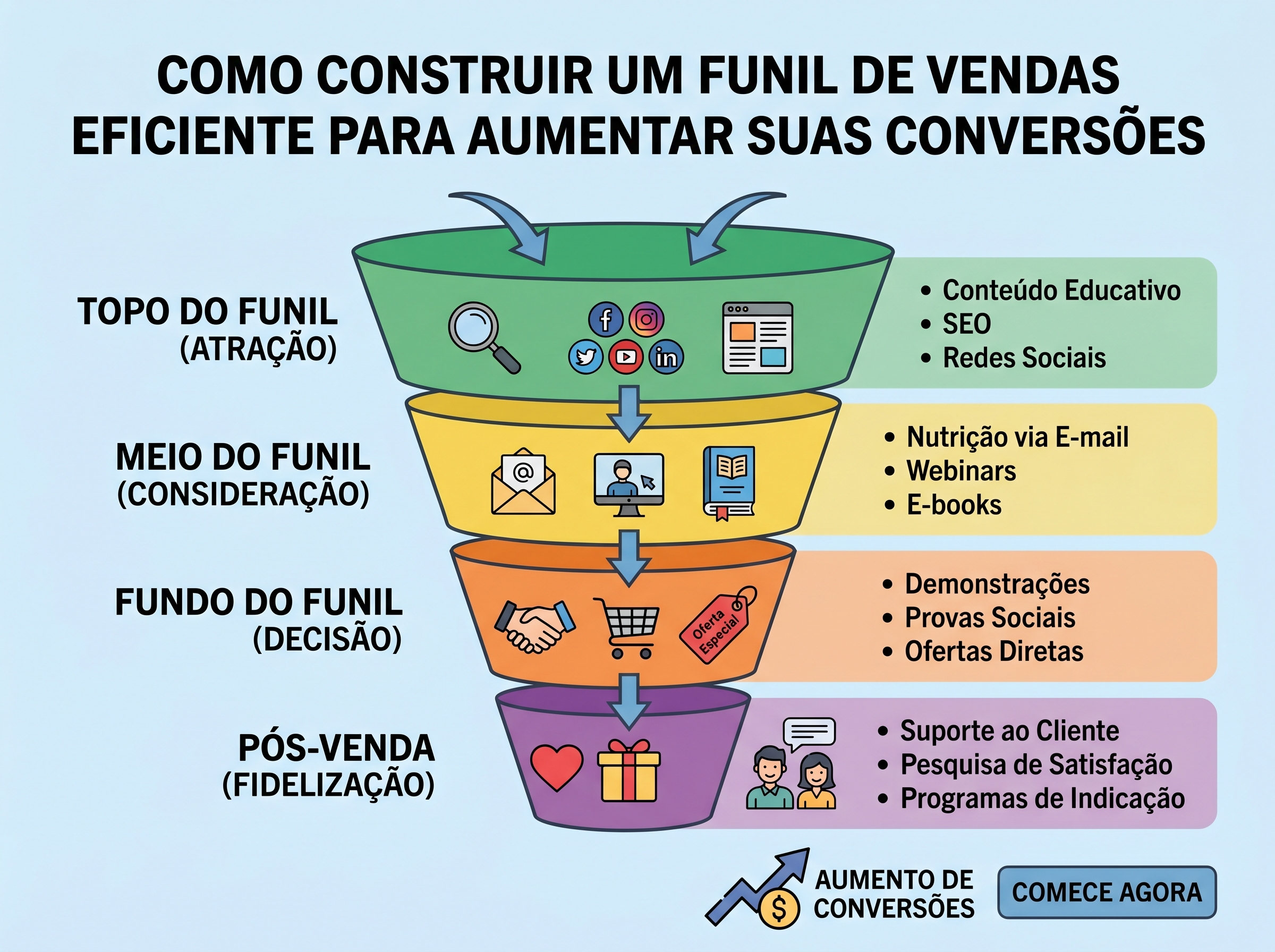 Gráfico explicativo sobre como construir um funil de vendas eficiente.