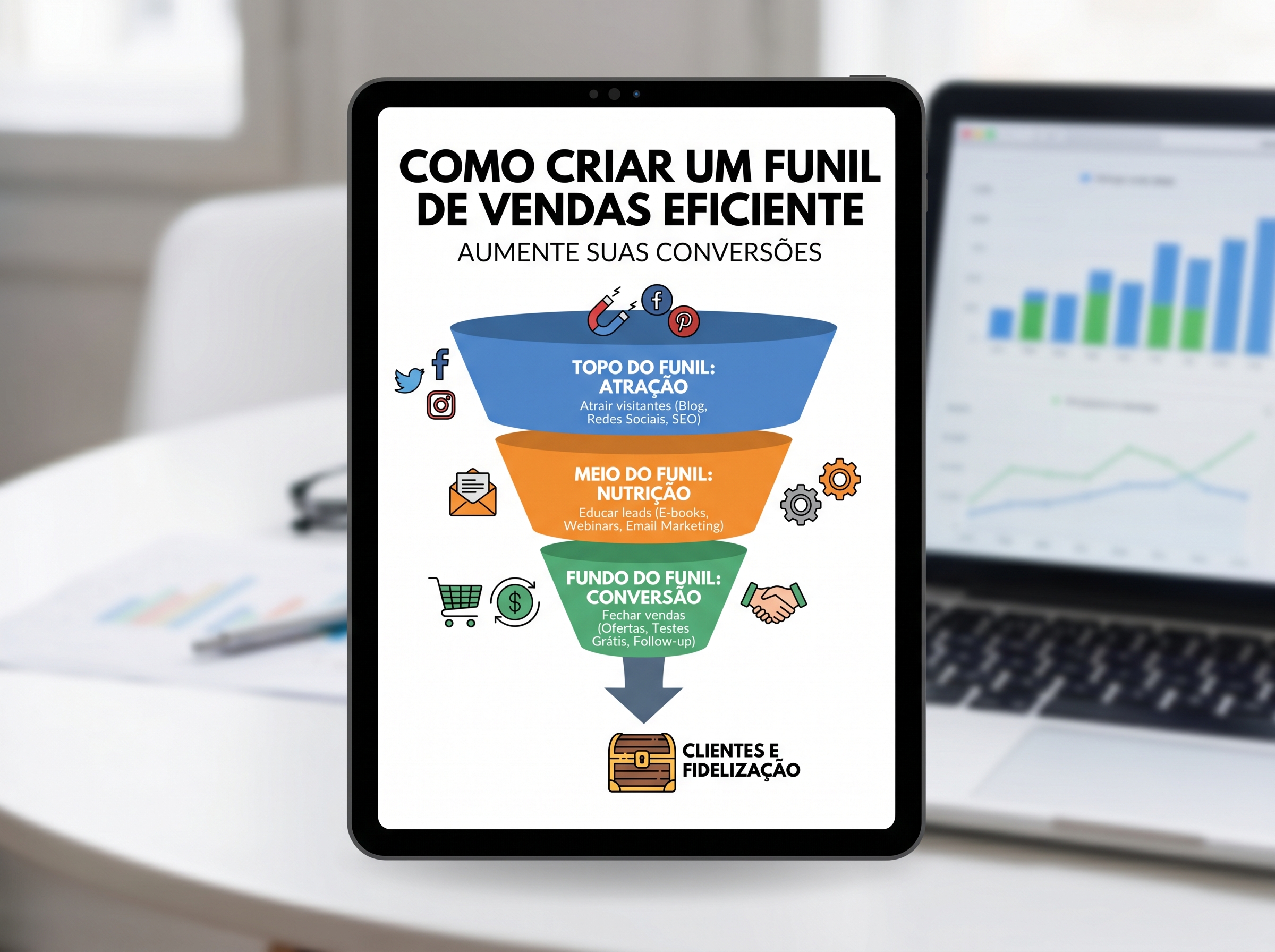 Imagem de um tablet exibindo um infográfico sobre como criar um funil de vendas eficiente.