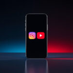Smartphone exibindo ícones do Instagram e YouTube com iluminação cinematográfica em fundo escuro