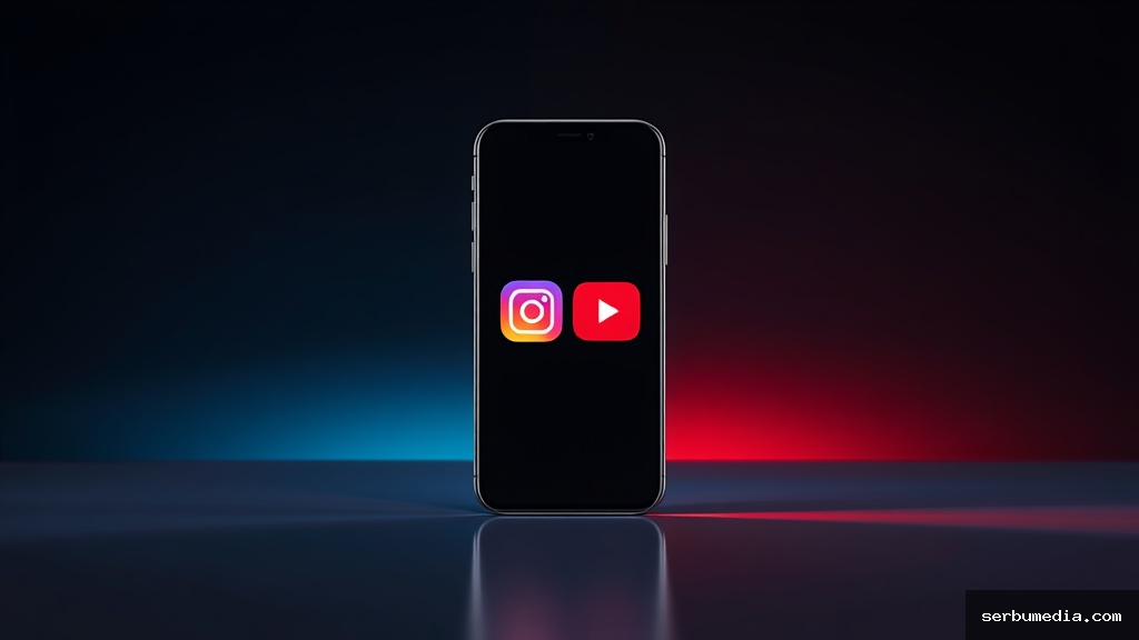 Smartphone exibindo ícones do Instagram e YouTube com iluminação cinematográfica em fundo escuro