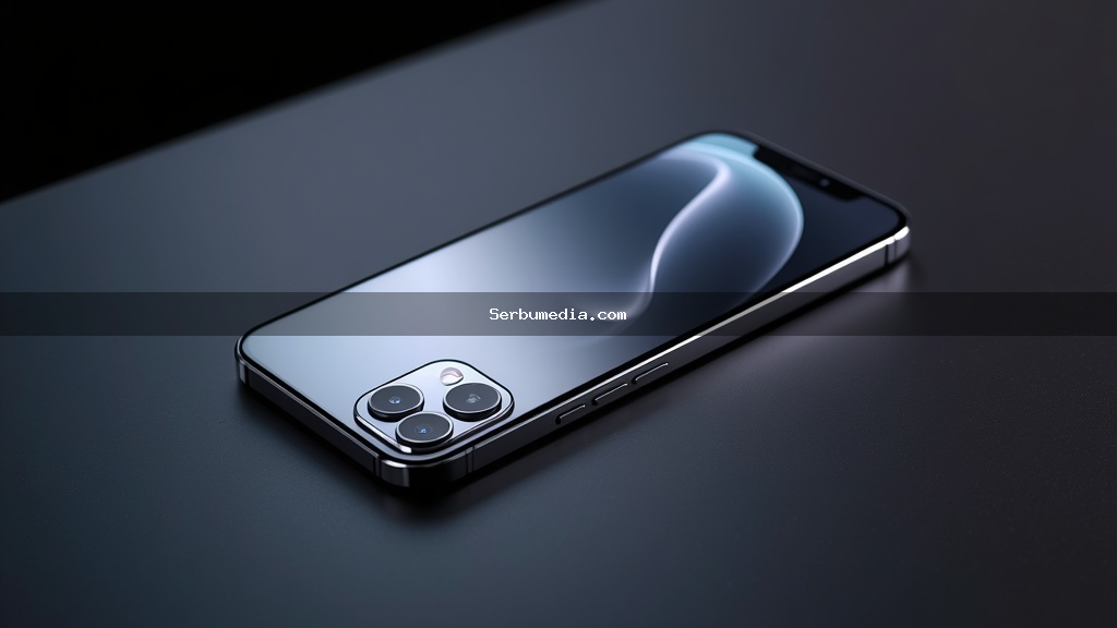 Fotografia realista de um conceito do iPhone 18 com moldura de titânio e sistema de câmera tripla sobre superfície escura com iluminação de estúdio