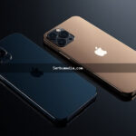 Duas variantes do iPhone 18 Pro em titânio azul e dourado mostrando o novo design da câmera traseira