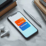 Smartphone exibindo logo do YouTube Premium ao lado de cartão Itaú laranja com livros universitários e fones de ouvido sobre mesa branca