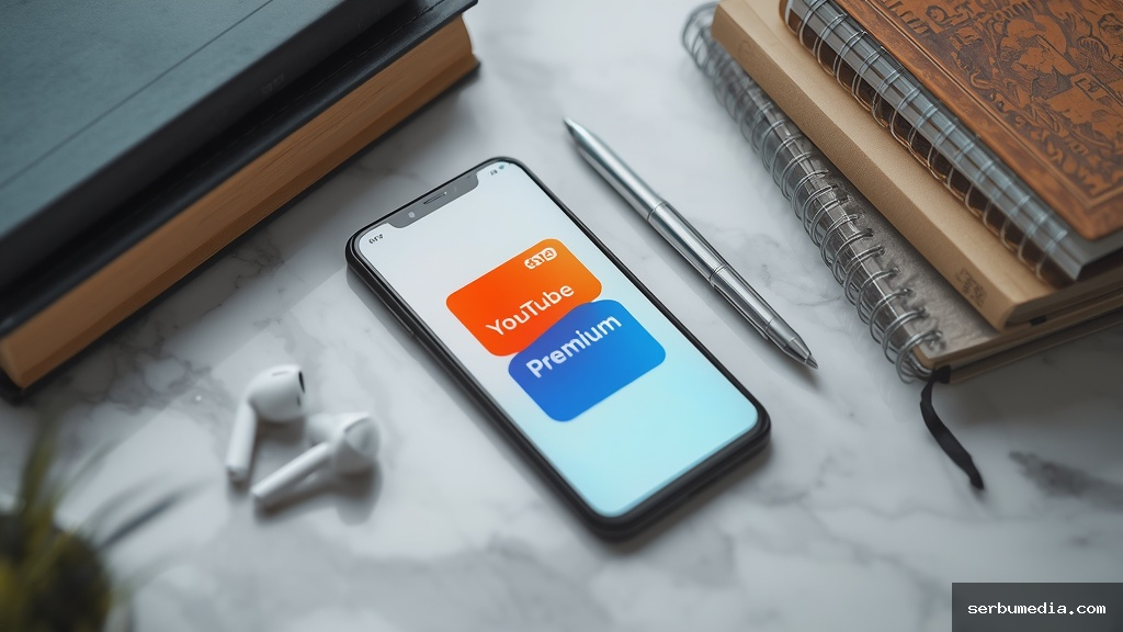 Smartphone exibindo logo do YouTube Premium ao lado de cartão Itaú laranja com livros universitários e fones de ouvido sobre mesa branca