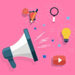 Um megafone emitindo ondas sonoras em um fundo rosa com ícones representando comunicação, pesquisa, criatividade e vídeo.
