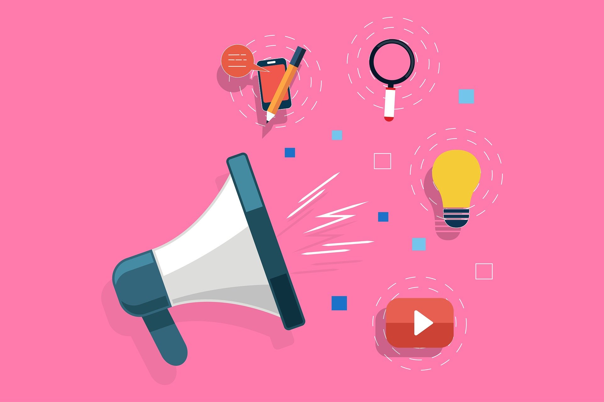 Um megafone emitindo ondas sonoras em um fundo rosa com ícones representando comunicação, pesquisa, criatividade e vídeo.