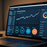 Imagem de um laptop em um ambiente de estúdio, mostrando um dashboard de marketing digital com gráficos e análises em alta definição.