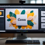 Imagem de um computador com uma tela mostrando um layout personalizado criado no Canva, com detalhes visíveis e iluminação de estúdio.