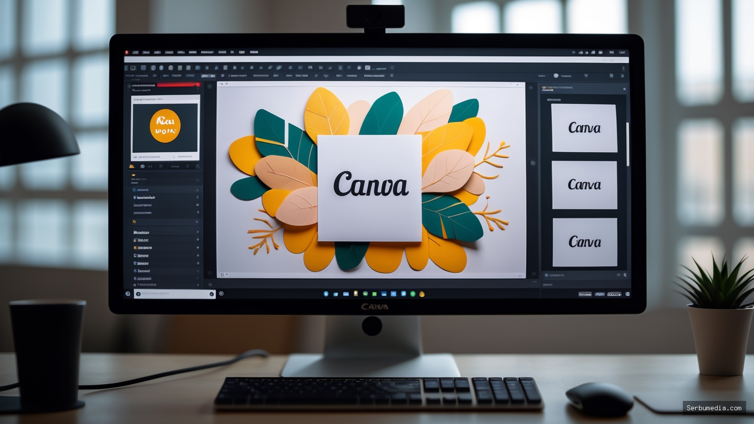 Imagem de um computador com uma tela mostrando um layout personalizado criado no Canva, com detalhes visíveis e iluminação de estúdio.