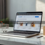 Notebook moderno exibindo a interface de uma loja virtual com carrinho de compras, cartão de crédito e caixa de entrega ao lado