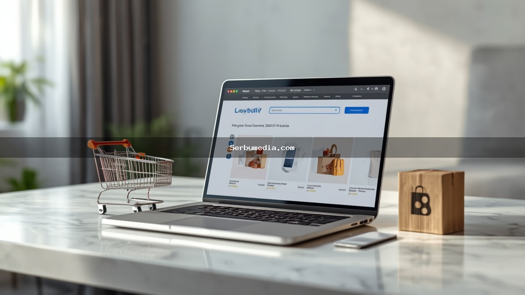Notebook moderno exibindo a interface de uma loja virtual com carrinho de compras, cartão de crédito e caixa de entrega ao lado