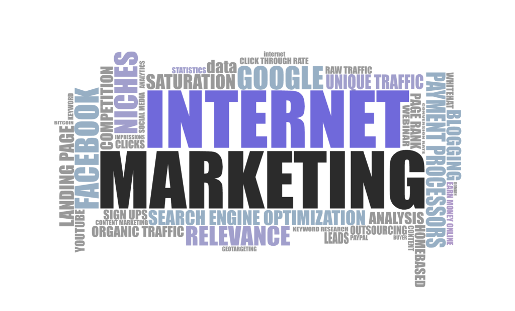Nuvem de palavras relacionadas ao marketing digital, com destaque para 'Internet Marketing'.