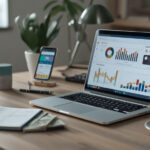 Mesa de escritório com laptop mostrando gráficos de vendas de marketing de afiliados, smartphone, caderno de estratégias e notas de real brasileiro