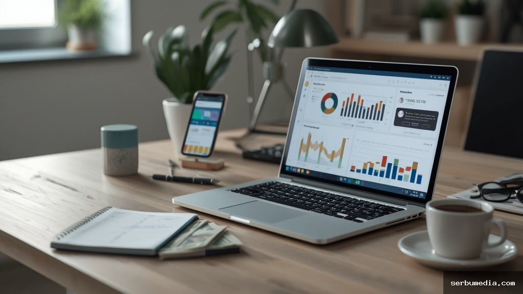 Mesa de escritório com laptop mostrando gráficos de vendas de marketing de afiliados, smartphone, caderno de estratégias e notas de real brasileiro
