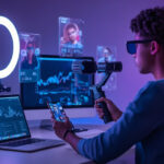 Criador de conteúdo em estúdio moderno gravando vídeo cercado por telas holográficas com métricas de engajamento e avatares de influenciadores virtuais em 2026