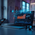 Mesa de trabalho moderna com laptop exibindo painéis de análise de marketing digital, ícones holográficos de inteligência artificial e óculos de realidade aumentada representando as tendências de 2026