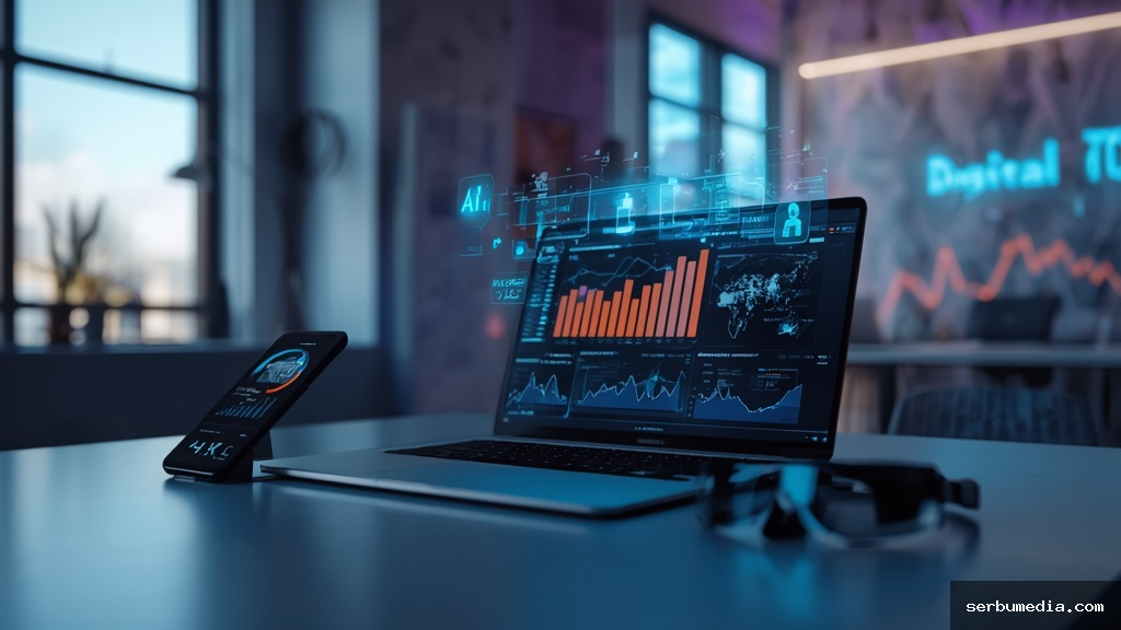 Mesa de trabalho moderna com laptop exibindo painéis de análise de marketing digital, ícones holográficos de inteligência artificial e óculos de realidade aumentada representando as tendências de 2026