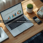 Notebook aberto exibindo gráficos de marketing digital ao lado de smartphone, dinheiro e caderno sobre mesa de madeira iluminada por luz natural